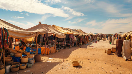 A traditional desert market with vendors selling goods under tents.の素材