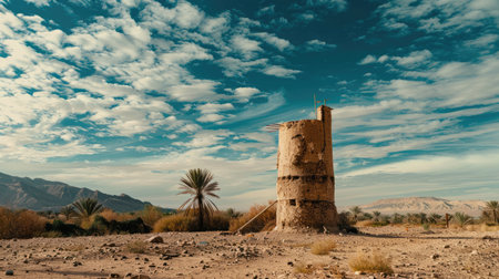 A traditional wind tower in a desert village, used for natural cooling.の素材