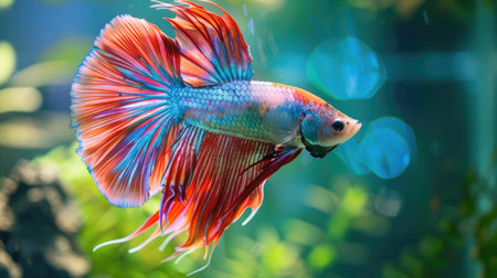 A stunning betta fish flaring its fins in a display of colors.の素材