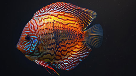 A stunning discus fish displaying its intricate patterns in an aquarium.の素材