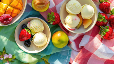 A summer picnic scene with ice cream bowls, fresh fruits, and colorful napkins.の素材