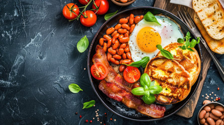 A traditional English breakfast with fried eggs, bacon, sausages, baked beans, and grilled tomatoes.の素材