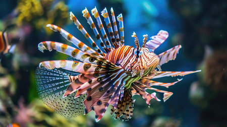 A stunning lionfish gliding through the water with its striking fins.の素材