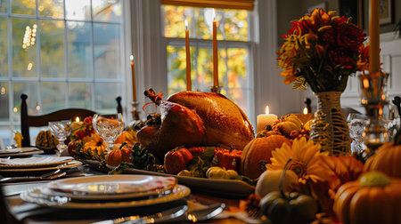 A table set for a Thanksgiving feast with fall decorations and a roasted turkey.の素材