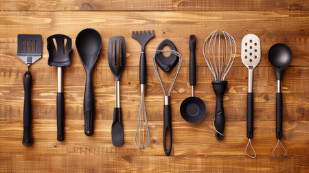 A top view of assorted kitchen utensils including a spatula, whisk, tongs, and ladle arranged neatly on a wooden countertop.の素材
