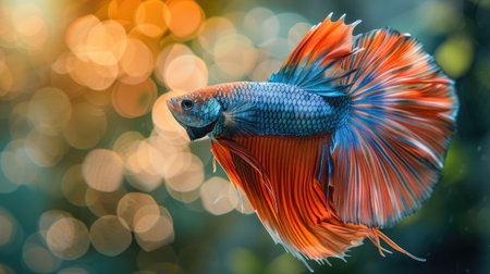 A stunning betta fish flaring its fins in a display of vivid colors.の素材