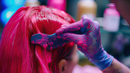 A stylist using a comb to distribute hair dye evenly through a client's hair.の素材