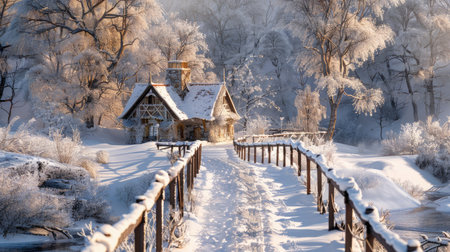 A snow-covered bridge leading to a small, cozy cottage.の素材
