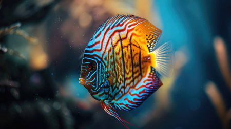 A stunning discus fish displaying its intricate patterns in an aquarium.の素材