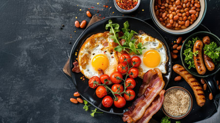 A traditional English breakfast with fried eggs, bacon, sausages, baked beans, and grilled tomatoes.の素材