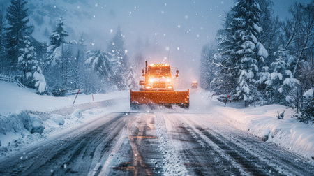 A snowplow clearing a snowy road during a heavy snowfall.の素材