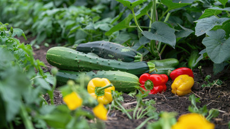 A vegetable plot with a mix of summer vegetables, including cucumbers, zucchinis, and bell peppers.の素材