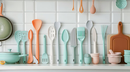 A variety of silicone kitchen utensils arranged neatly on a white kitchen counter.の素材