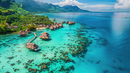 A tropical lagoon with overwater bungalows and vibrant blue water.の素材
