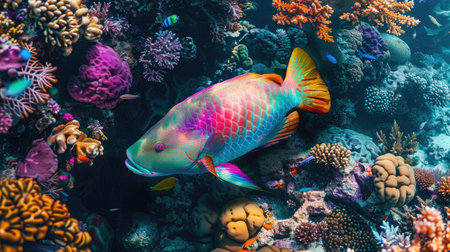 A vibrant parrotfish navigating through the coral reefs.の素材