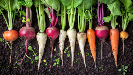 A vegetable plot with a mix of root vegetables like carrots, beets, and radishes, showing their green tops above the soil.の素材