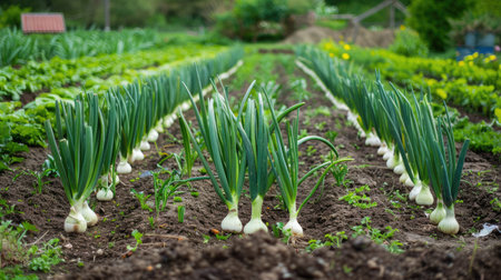 A vegetable plot with neat rows of onions, garlic, and leeks, their green tops standing tall.の素材
