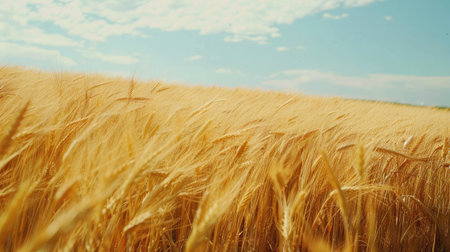 A vast field of golden wheat swaying gently in the breeze under a clear blue sky.の素材