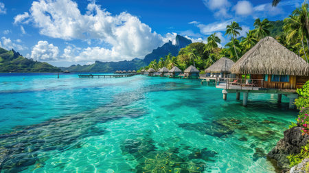 A tropical lagoon with overwater bungalows and vibrant blue water.の素材