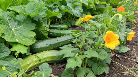 A vegetable plot with a mix of summer vegetables, including cucumbers, zucchinis, and squash.の素材