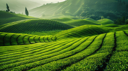 A vast field of green tea plants, neatly arranged in rows on rolling hills.の素材