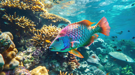 A vibrant parrotfish swimming near a coral formation.の素材