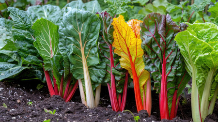 A vegetable plot with colorful chard leaves, adding a vibrant touch to the garden.の素材