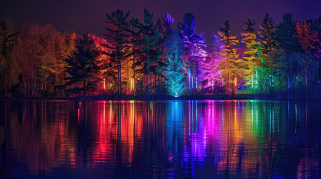 A vibrant light show reflecting off a calm lake.の素材