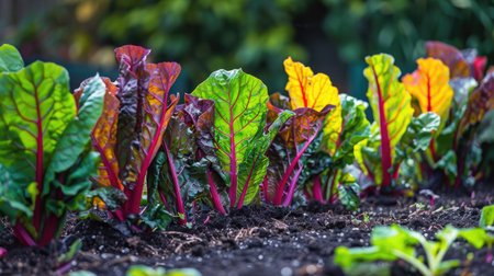 A vegetable plot with colorful chard leaves, adding a vibrant touch to the garden.の素材