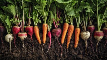 A vegetable plot with a mix of root vegetables like carrots, beets, and radishes, showing their green tops above the soil.の素材