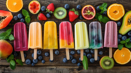 A variety of ice cream popsicles arranged on a rustic wooden table with fresh fruits and mint leaves.の素材