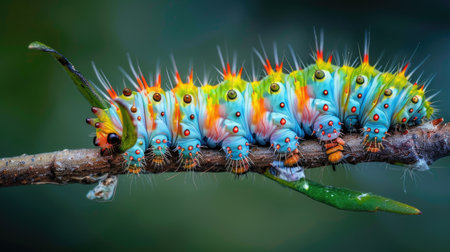 A vibrant caterpillar crawling on a branch, preparing for its transformation.の素材