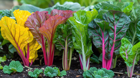 A vegetable plot with colorful chard leaves, adding a vibrant touch to the garden.の素材