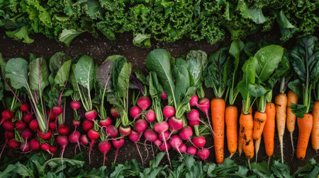 A vegetable plot with colorful rows of carrots, beets, and radishes, showing their green tops.の素材