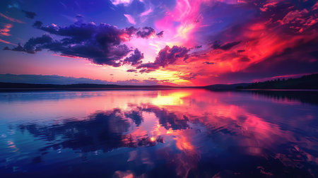 A vibrant light show reflecting off a calm lake.の素材