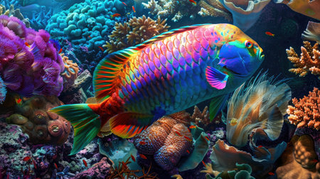 A vibrant parrotfish navigating through the coral reefs.の素材