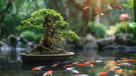 A vibrant bonsai tree with lush green foliage and a peaceful koi pond in the background.の素材