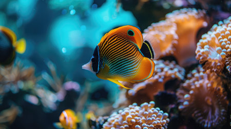 A vibrant butterflyfish exploring the coral formations in a marine aquarium.の素材