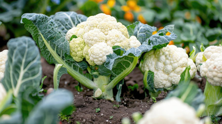 A vegetable plot with healthy broccoli and cauliflower heads ready for harvest.の素材