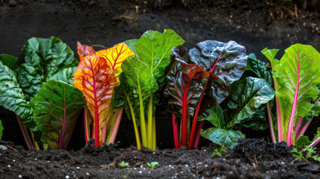 A vegetable plot with colorful chard leaves, adding a vibrant touch to the garden.の素材