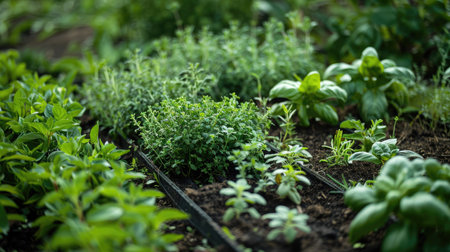 A vegetable plot with a variety of herbs, including basil, thyme, and rosemary, growing in small sections.の素材