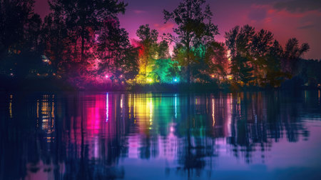 A vibrant light show reflecting off a calm lake.の素材