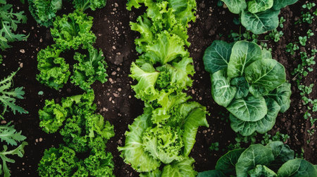 A vegetable plot with vibrant rows of leafy greens, including lettuce and arugula.の素材