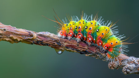 A vibrant caterpillar crawling on a branch, preparing for its transformation.の素材