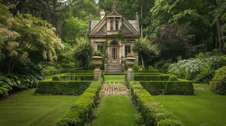 A vintage garden house with charming architectural details, set in a well-tended garden.の素材