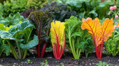 A vegetable plot with colorful chard and kale, adding a vibrant touch to the garden.の素材