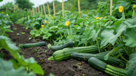 A vegetable plot with lush zucchini and cucumber plants, their fruits ready for picking.の素材