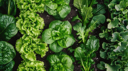 A vegetable plot with vibrant rows of leafy greens, including lettuce, spinach, and arugula.の素材