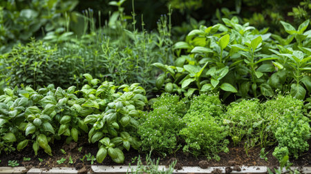 A vegetable plot with thriving herbs, including basil, thyme, and rosemary.の素材