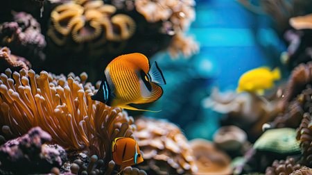 A vibrant butterflyfish exploring the coral formations in a marine aquarium.の素材